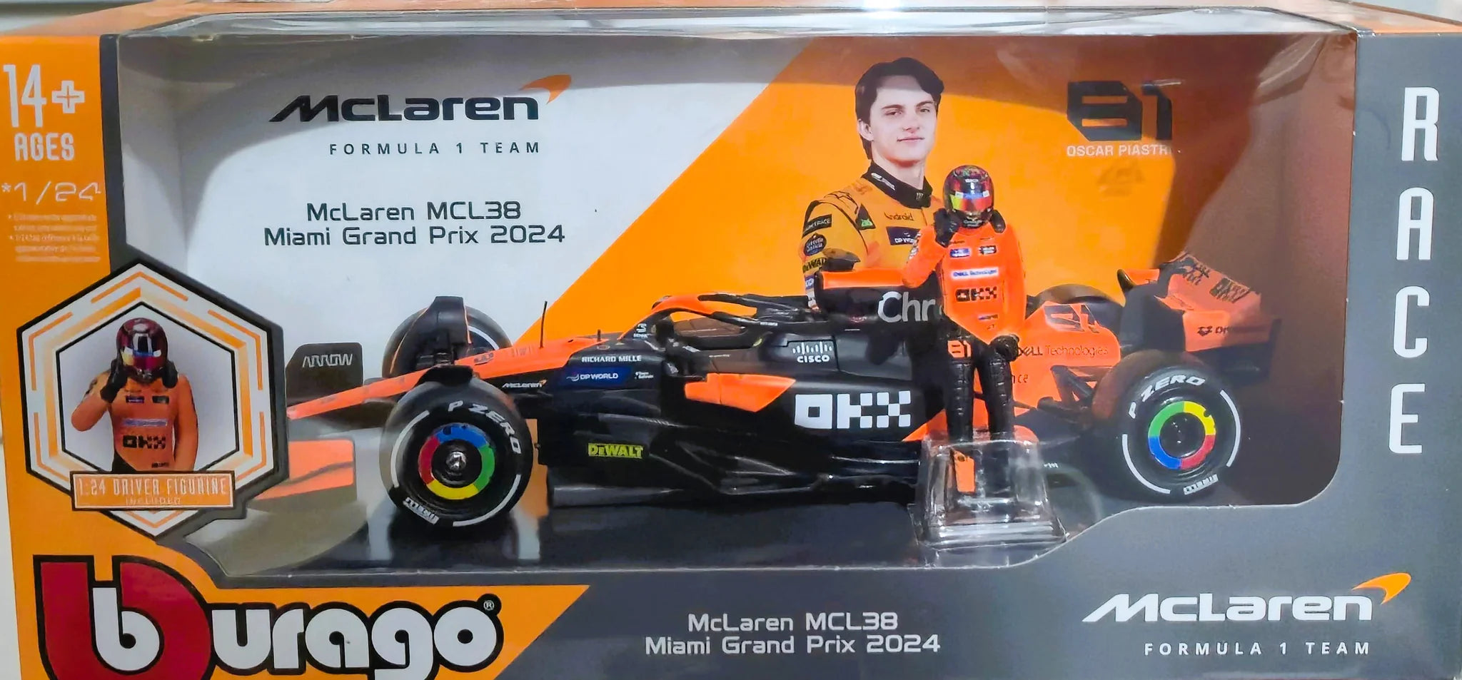 Bburago McLaren MCL38 2024 1:24 Scale Miami Grand Prix with Oscar Piastri Figure