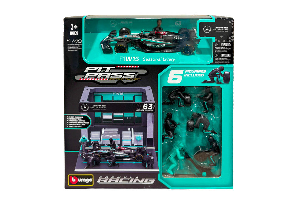 Bburago Mercedes AMG F1W15 Russell & Pit Crew 1:43 Scale Model