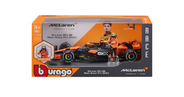 Bburago McLaren MCL38 2024 1:24 Scale Miami Grand Prix with Lando Norris Figure