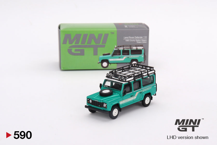 Mini GT Land Rover Defender 110 1985 County Station Wagon Trident Green 1:64 Die Cast