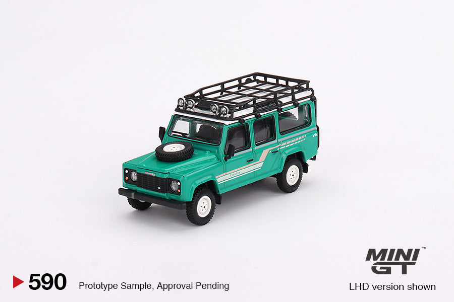 Mini GT Land Rover Defender 110 1985 County Station Wagon Trident Green 1:64 Die Cast