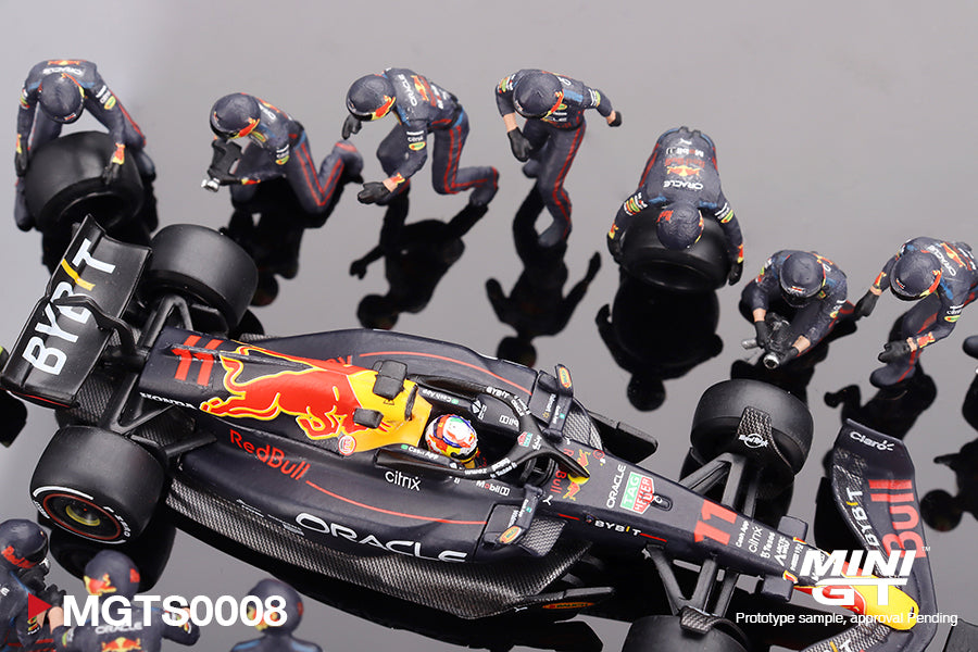 Mini GT Oracle Red Bull Racing RB18 #11 Sergio Perez 2022 Abu Dhabi GP Set with Pit Crew