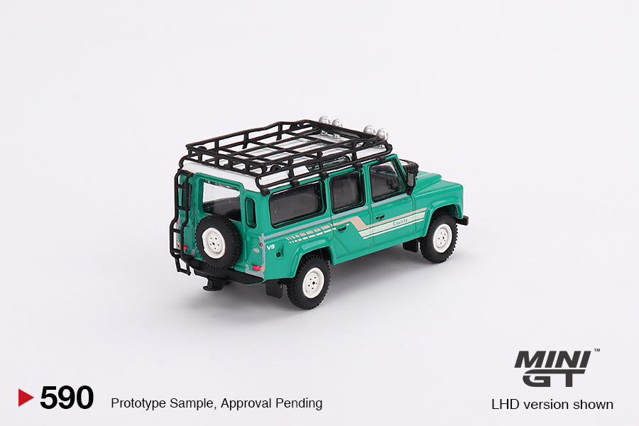 Mini GT Land Rover Defender 110 1985 County Station Wagon Trident Green 1:64 Die Cast