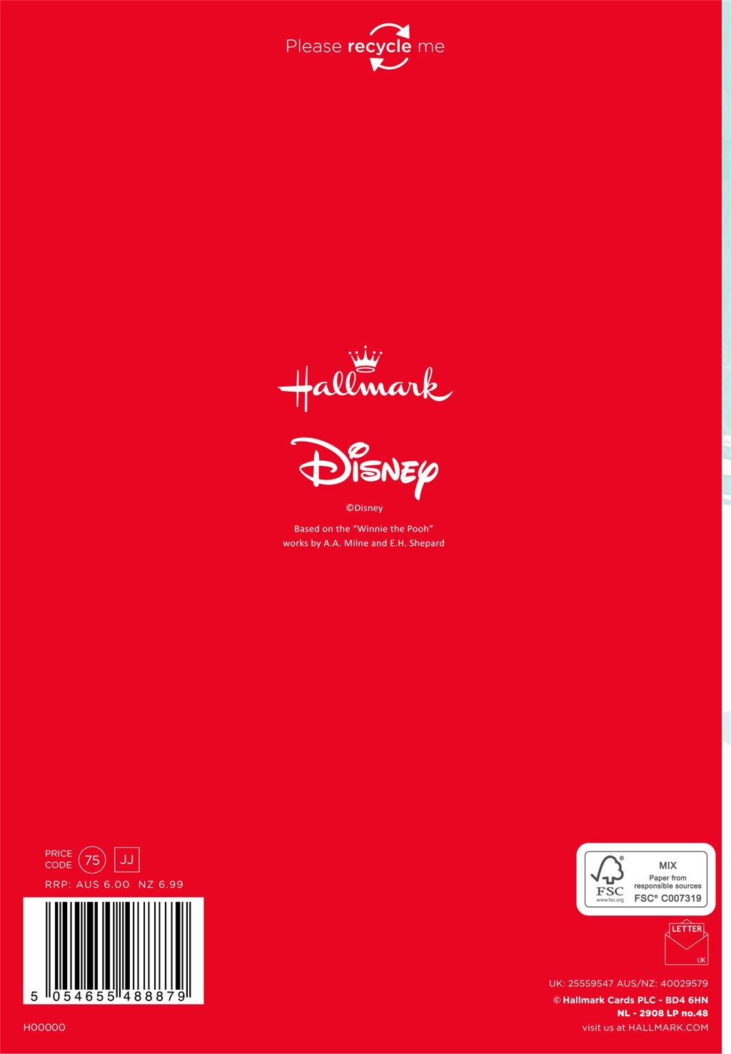 Hallmark Disney Winnie The Pooh "To a Special Little Boy" Christmas Card
