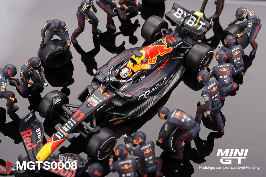 Mini GT Oracle Red Bull Racing RB18 #11 Sergio Perez 2022 Abu Dhabi GP Set with Pit Crew