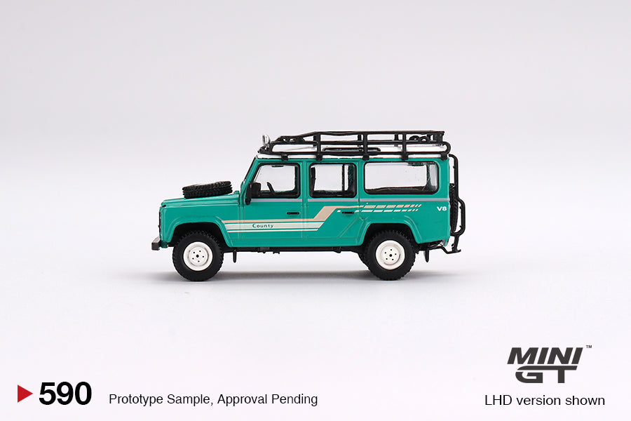 Mini GT Land Rover Defender 110 1985 County Station Wagon Trident Green 1:64 Die Cast