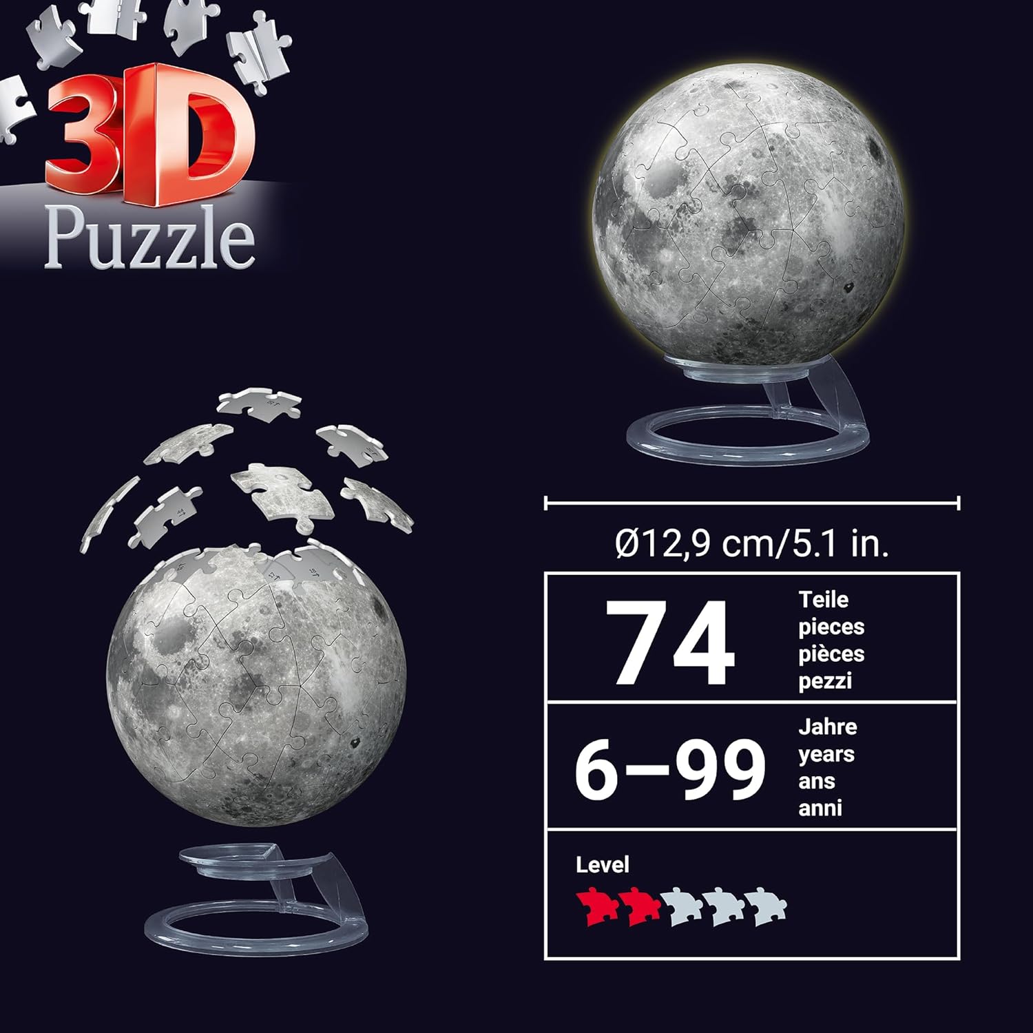 Glow-In-The-Dark Moon 3D 72 Piece Puzzle Ball
