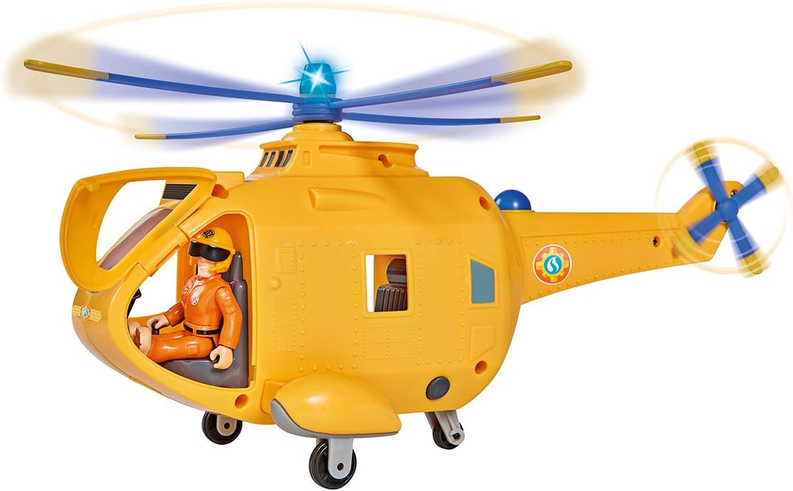 Toy helicopter with a figure inside on a white background