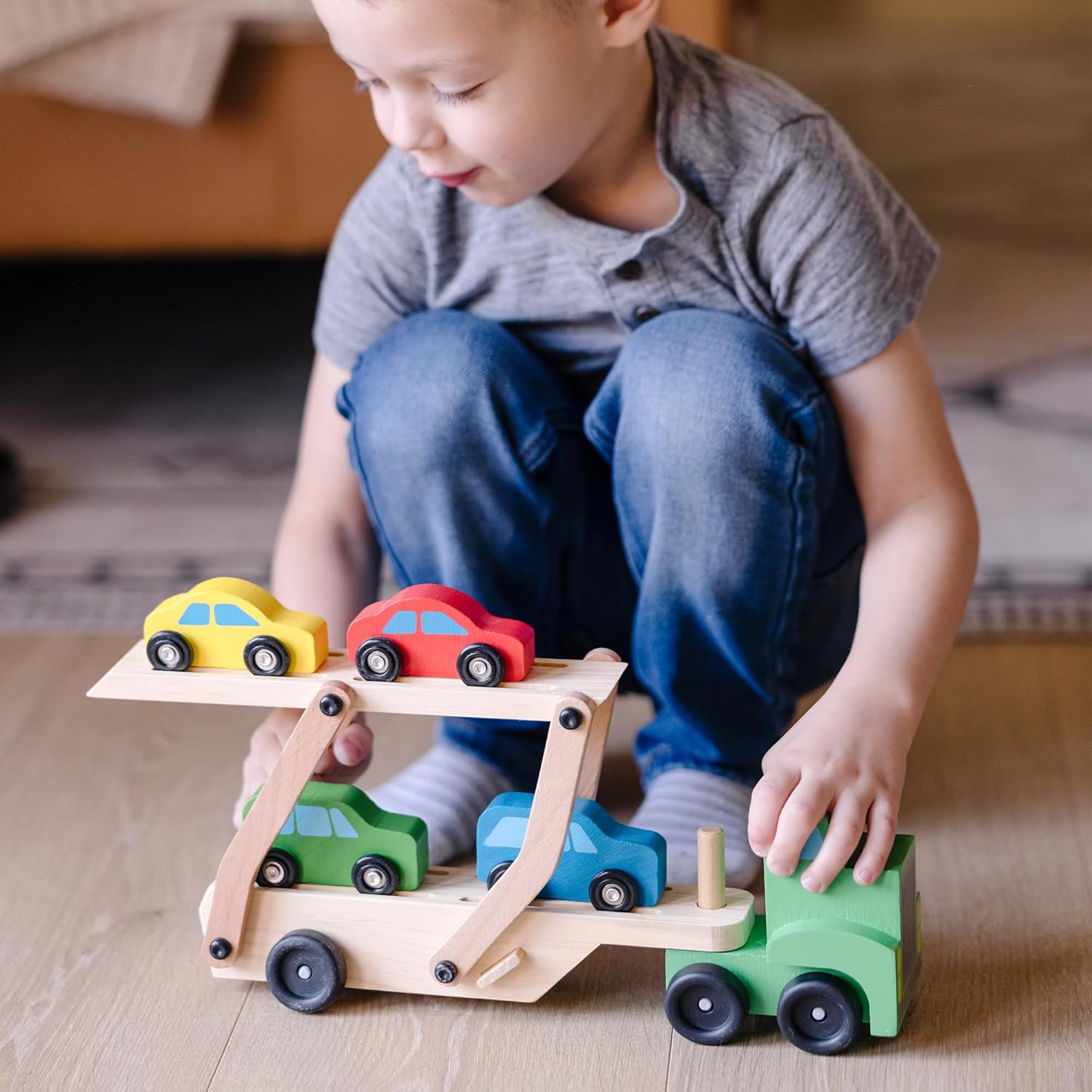 Melissa & Doug Wooden Car Transporter Playset