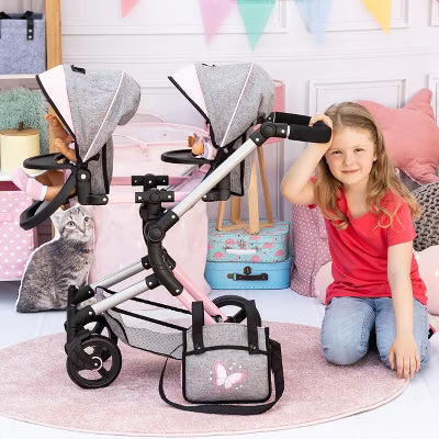 Dolls Twin Pram Neo Pink & Grey