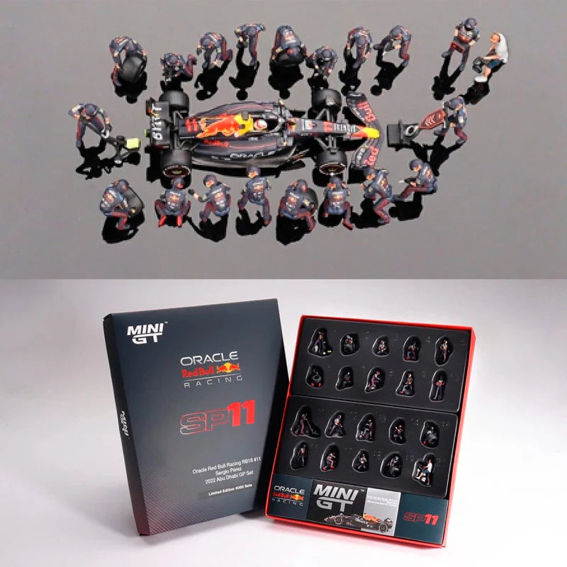 Mini GT Oracle Red Bull Racing RB18 #11 Sergio Perez 2022 Abu Dhabi GP Set with Pit Crew