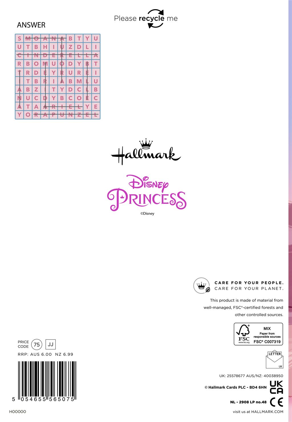 Hallmark Disney Princess 7th Birthday Card