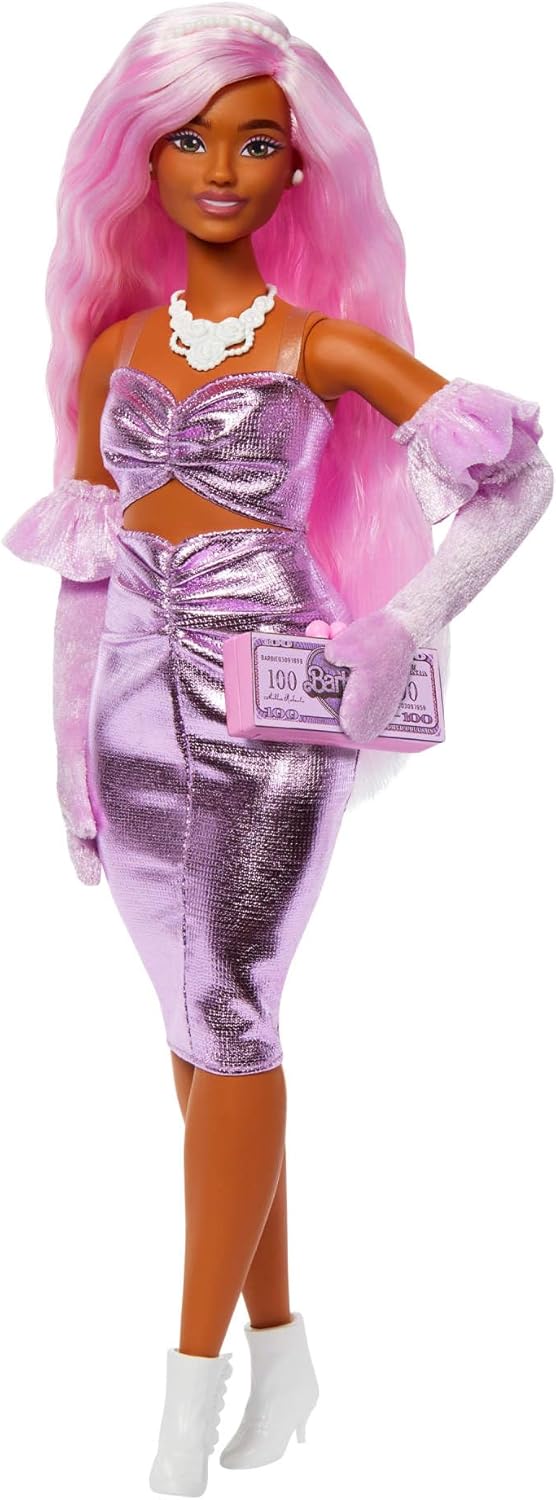 Barbie Deluxe Style Doll #1 in Glossy Pink Barbiecore Dress With Velvet Gloves, Pink Hair