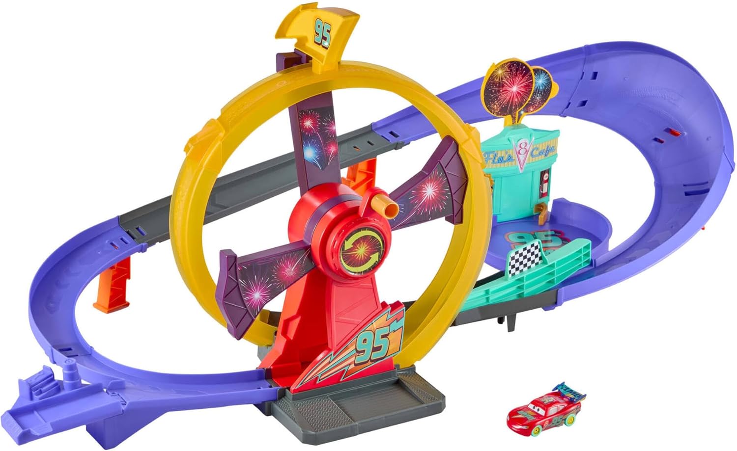 Pixar Cars Track Set with Light-Up Lightning McQueen, Race to Celebrate Celebration Raceway