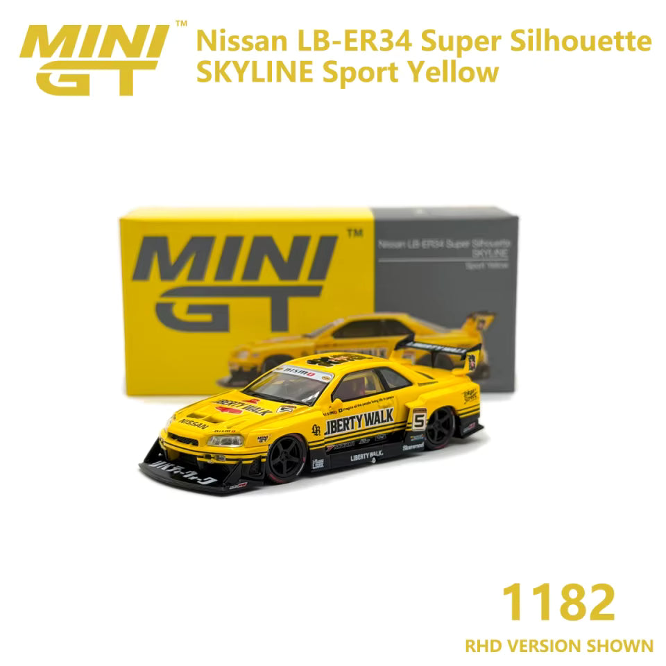 Mini GT Nissan LB-ER34 Super Silhouette SKYLINE Sport Yellow 1:64 Scale