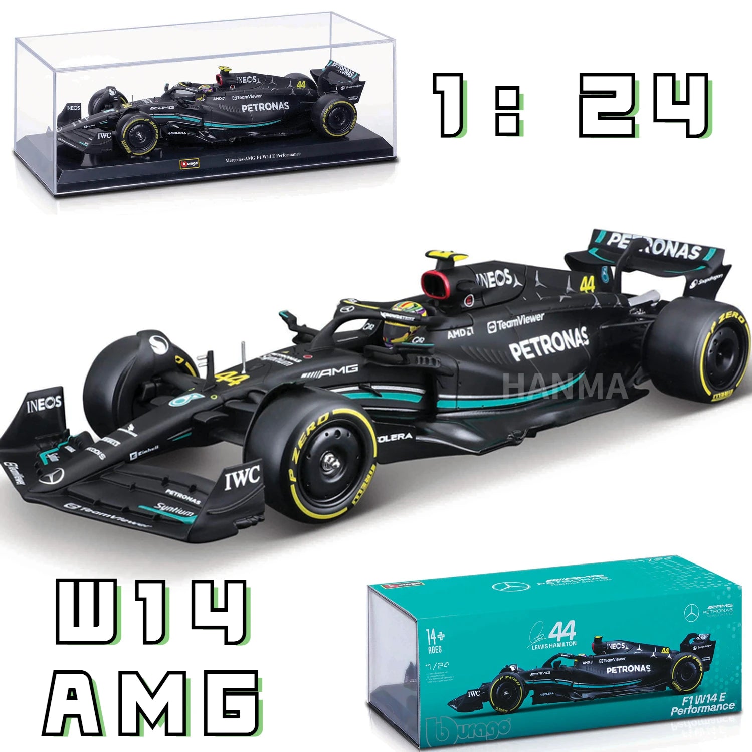 Bburago Mercedes-AMG F1 W14 E Performance 2023 1:24 Scale in Plastic Display Case