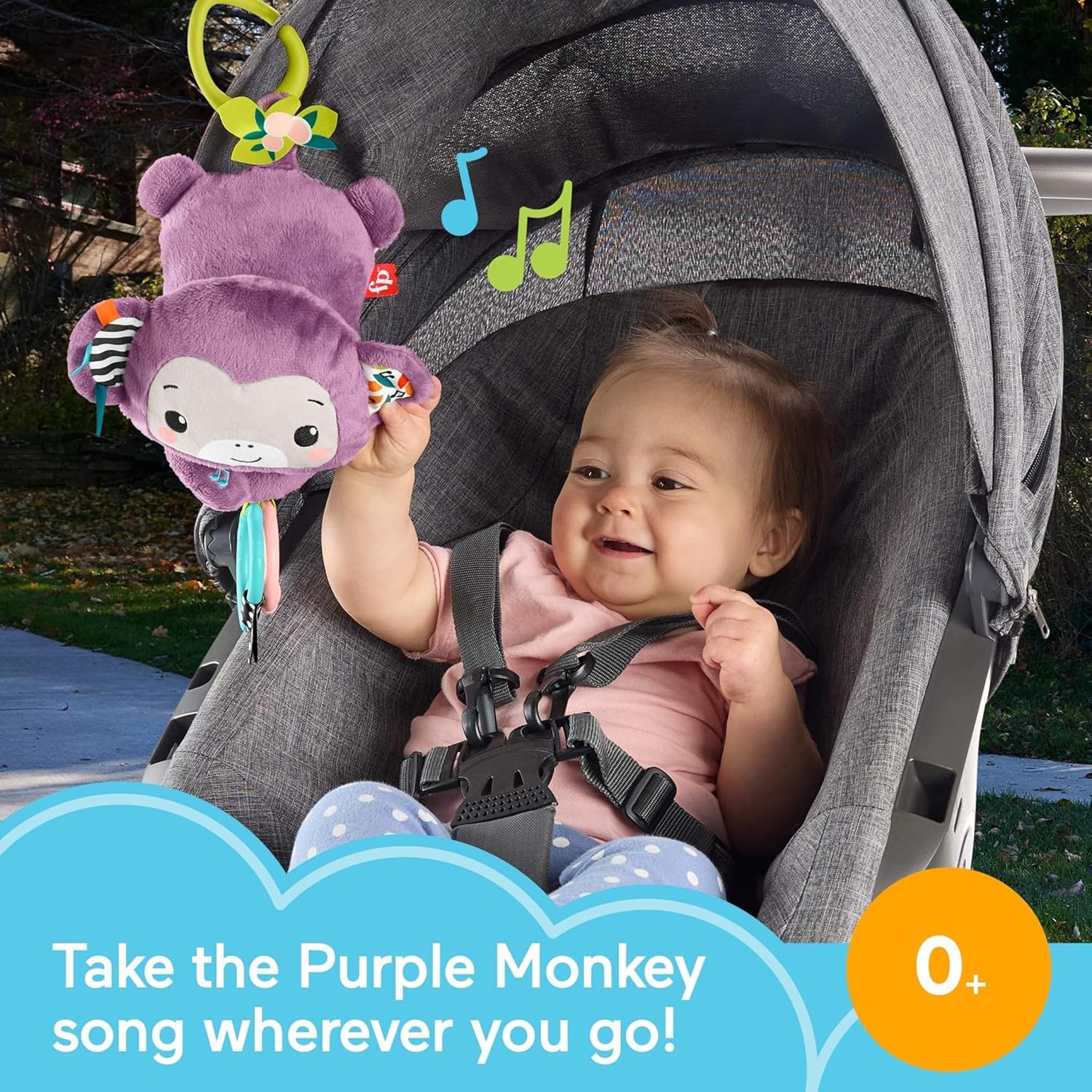 Fisher-Price Sing & Go Purple Monkey Plush Baby Stroller Sensory Toy