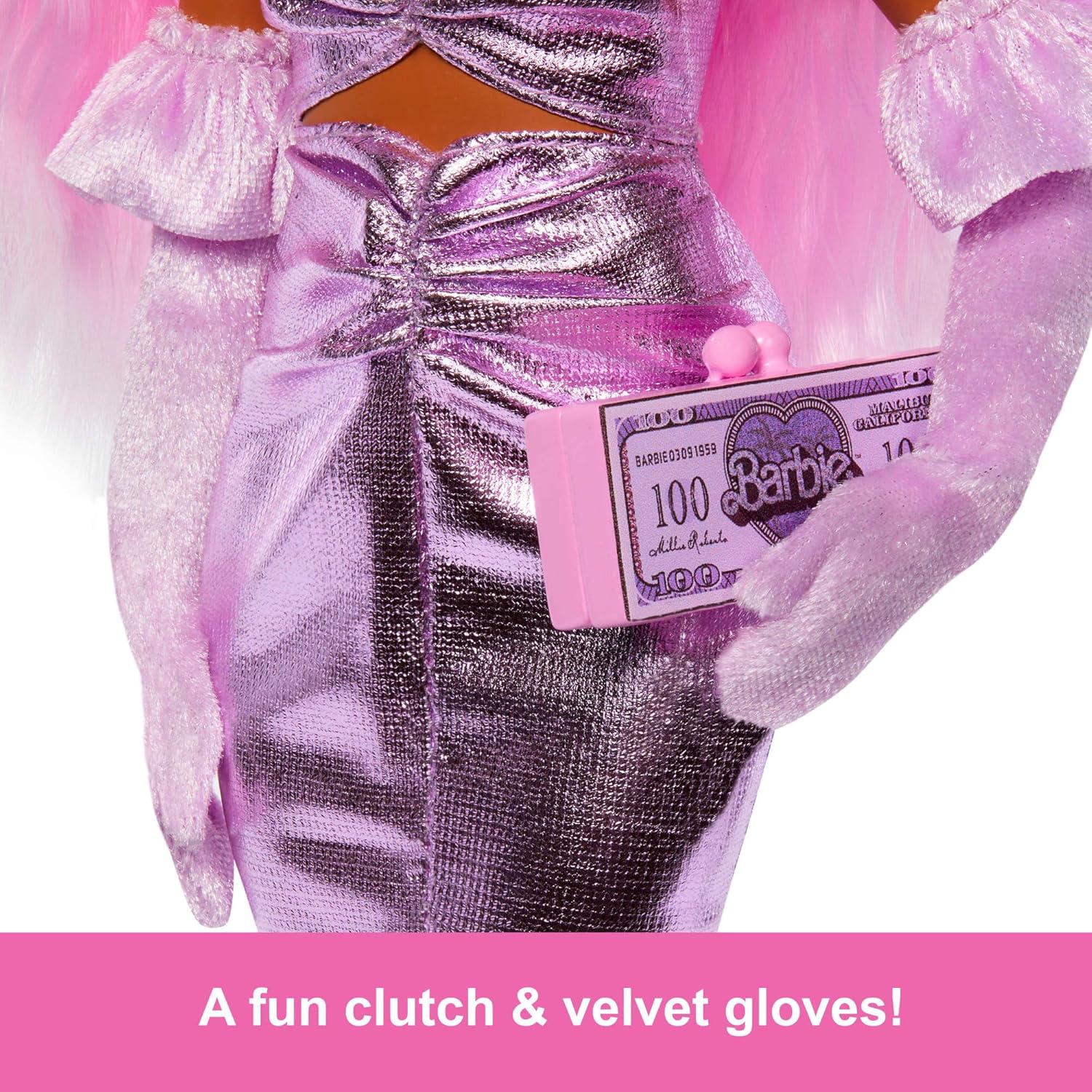 Barbie Deluxe Style Doll #1 in Glossy Pink Barbiecore Dress With Velvet Gloves, Pink Hair