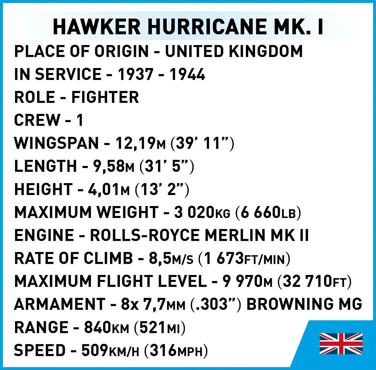 Cobi 5866 Hawker Hurricane Mk 1 1:48 Scale Set