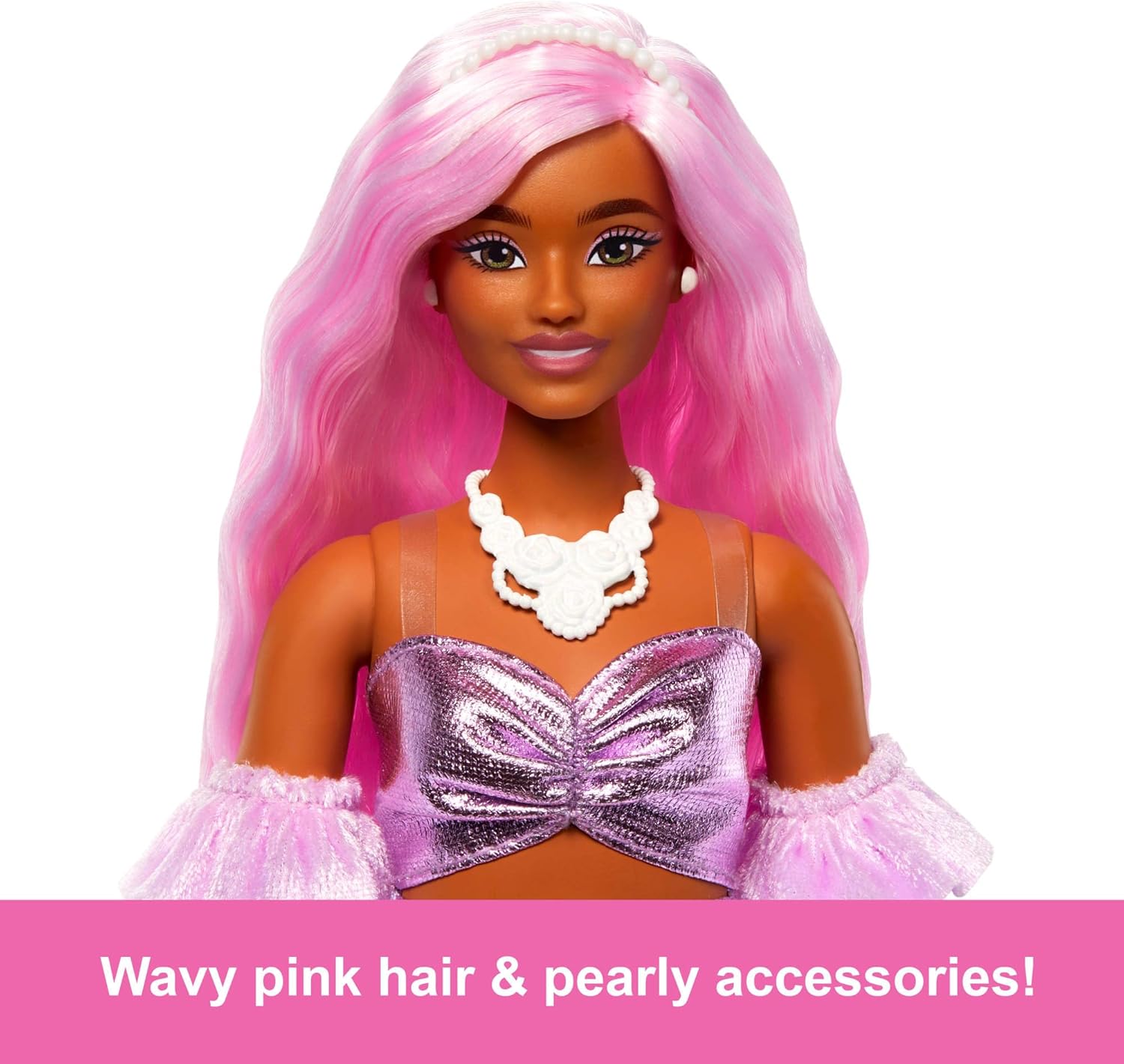 Barbie Deluxe Style Doll #1 in Glossy Pink Barbiecore Dress With Velvet Gloves, Pink Hair