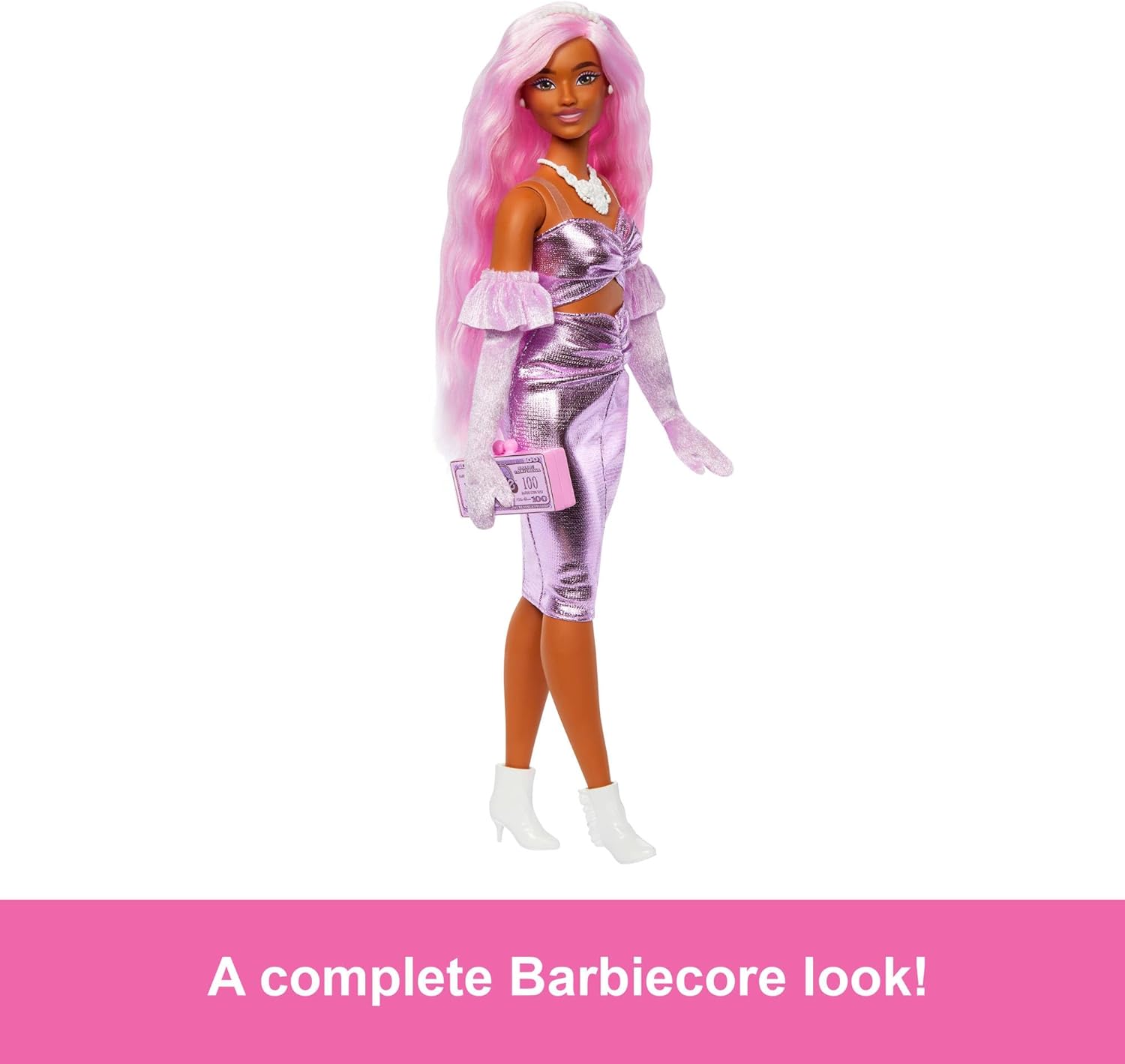 Barbie Deluxe Style Doll #1 in Glossy Pink Barbiecore Dress With Velvet Gloves, Pink Hair