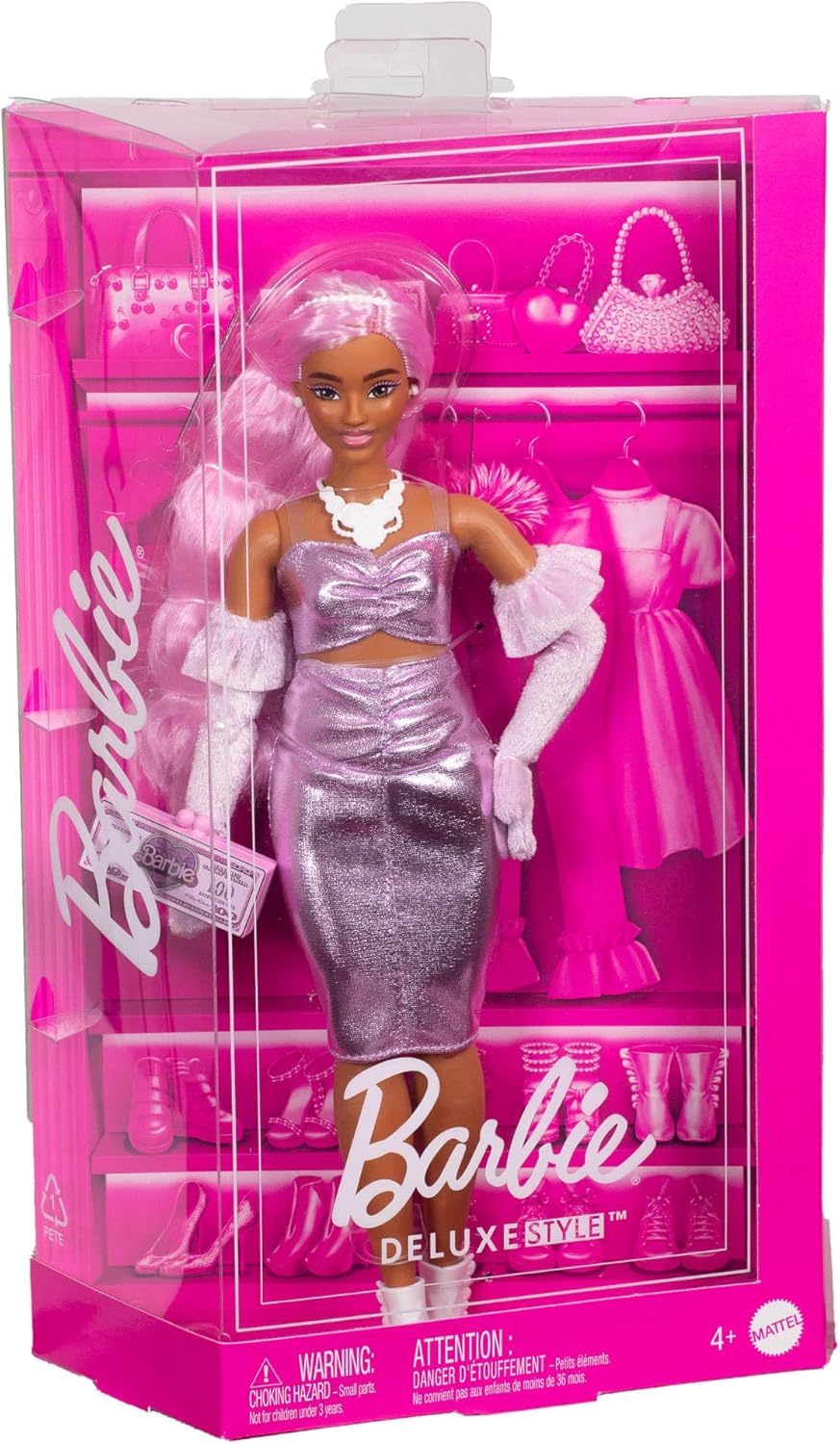 Barbie Deluxe Style Doll #1 in Glossy Pink Barbiecore Dress With Velvet Gloves, Pink Hair