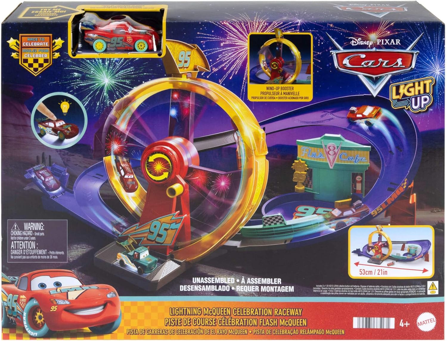 Pixar Cars Track Set with Light-Up Lightning McQueen, Race to Celebrate Celebration Raceway