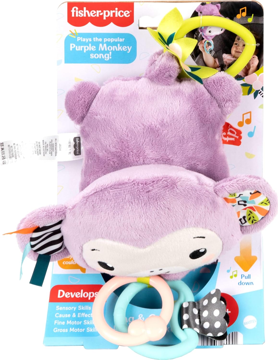 Fisher-Price Sing & Go Purple Monkey Plush Baby Stroller Sensory Toy