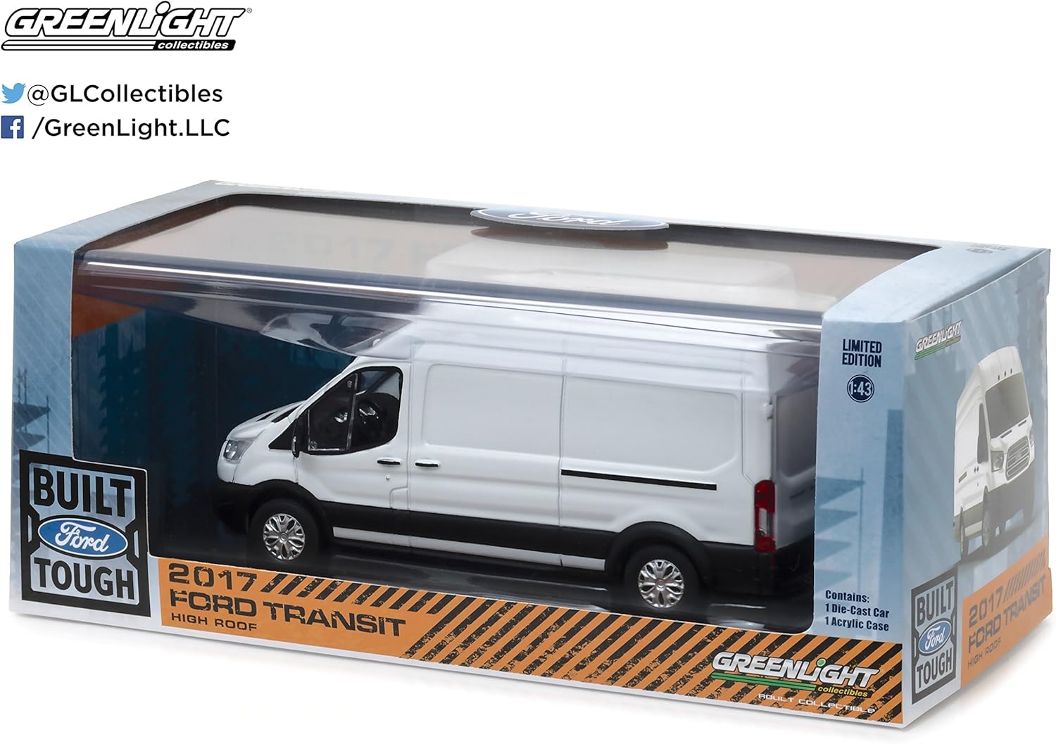 Greenlight 2017 Ford Transit LWB High Roof Oxford White 1:43 Scasle Die Cast Van