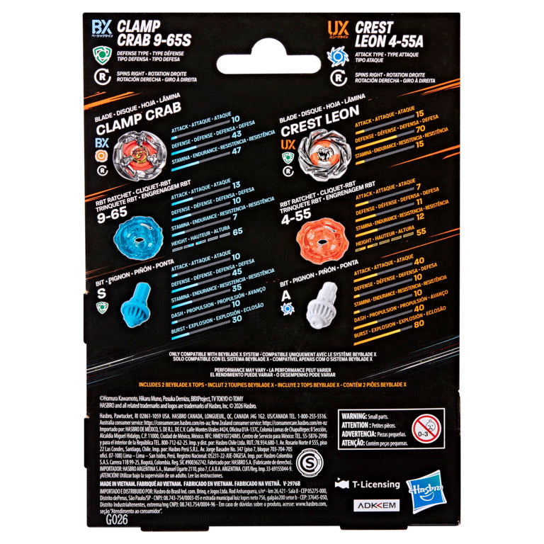 Beyblade X Clamp Crab 9-65S BX & Crest Leon 4-55A UX Dual Pack Set