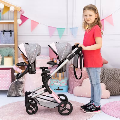 Dolls Twin Pram Neo Pink & Grey