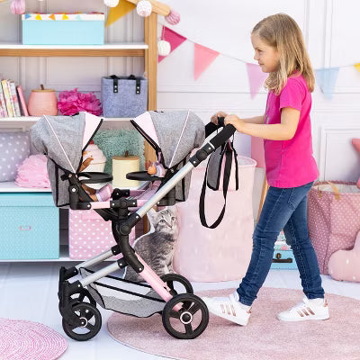 Dolls Twin Pram Neo Pink & Grey