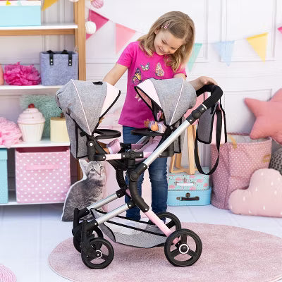Dolls Twin Pram Neo Pink & Grey