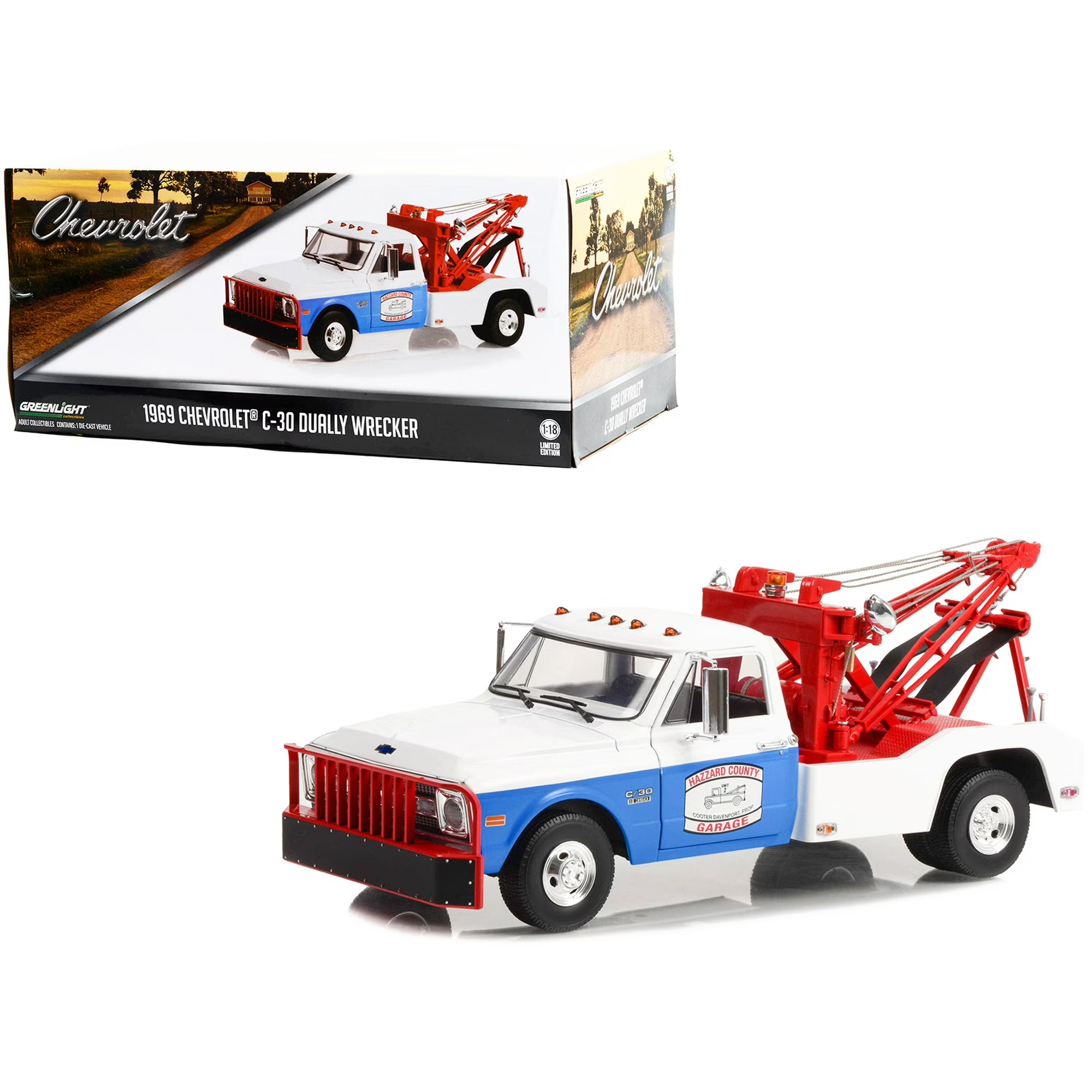 Greenlight 1969 Chevorlet Hazard County C-30 Dually Wrecker 1:18 Limited Edition Die Cast