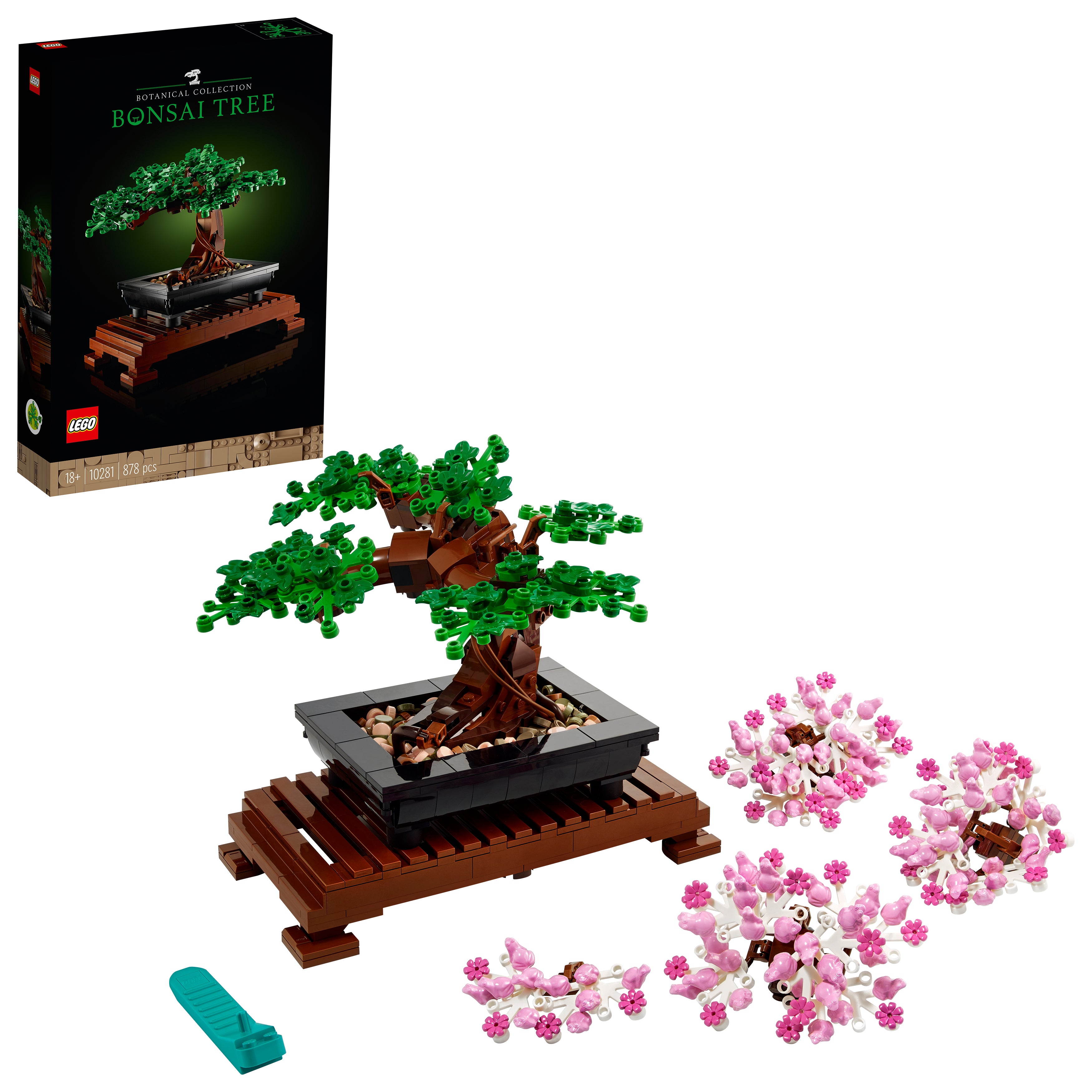 LEGO-Bonsai-Baum 10281 mit Verpackung und rosa Blüten